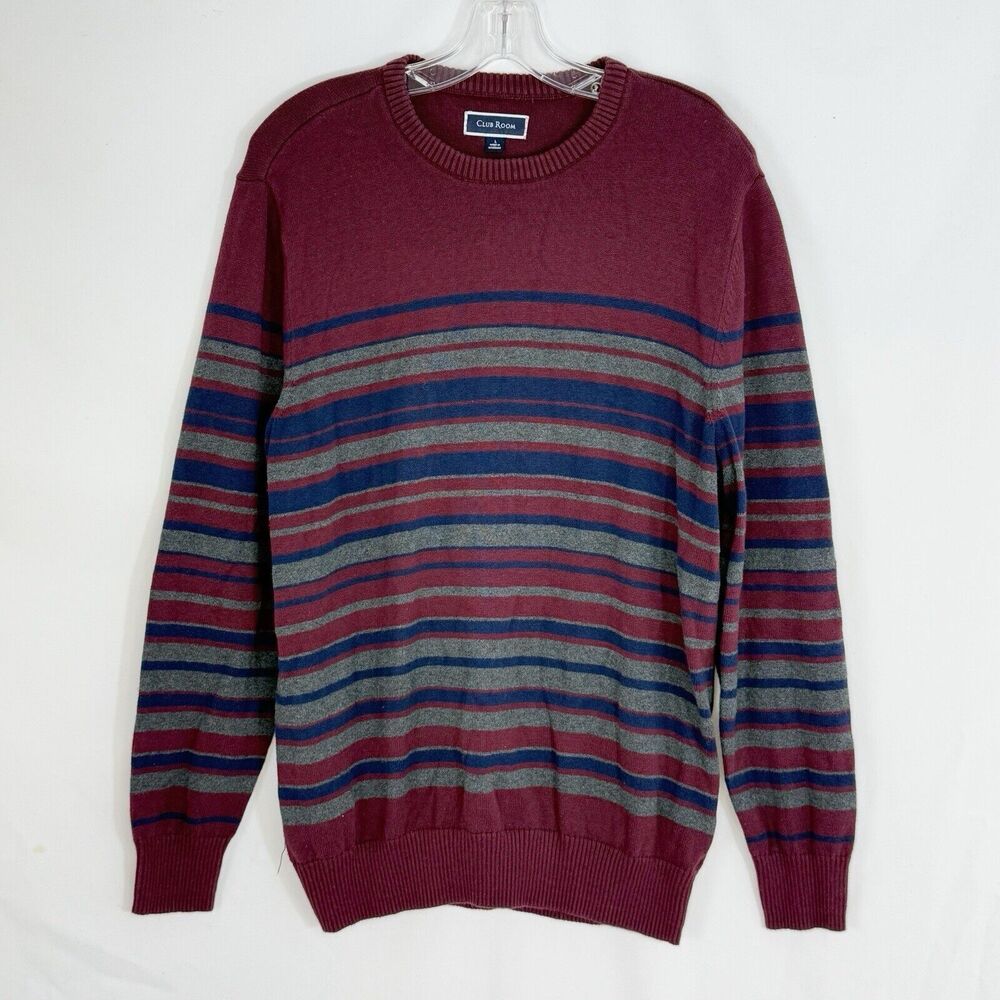 Club Room Mens Striped Cotton Sweater Large Burgundy